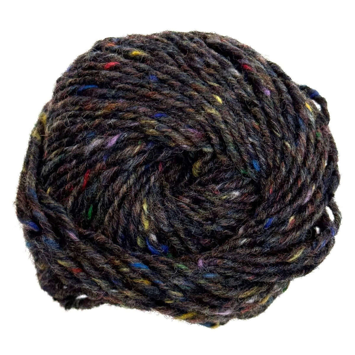 A ball of Lang Yarns Donegal Tweed Plus yarn in Dark grey with colorful flecks of red, blue, yellow, and purple, isolated on a white background.