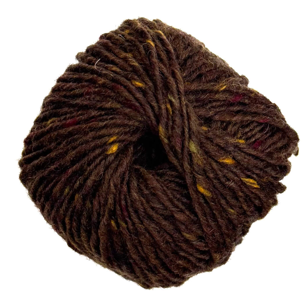 A ball of Lang Yarns Donegal Tweed Plus in dark brown yarn with subtle yellow and red flecks, photographed on a solid white background.