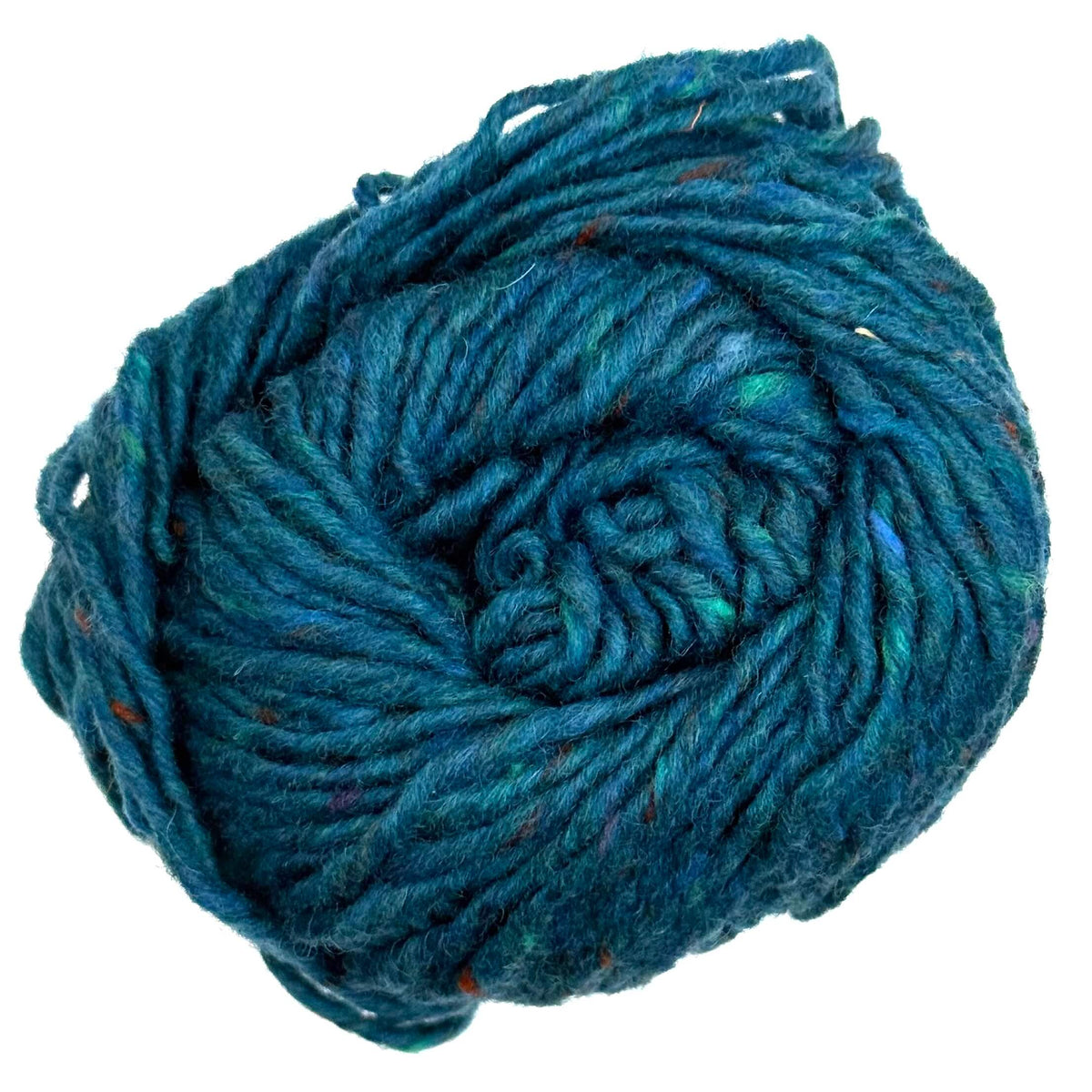 A ball of Lang Yarns Donegal Tweed Plus yarn in a deep teal blue color with subtle green and orange flecks, photographed on a solid white background.