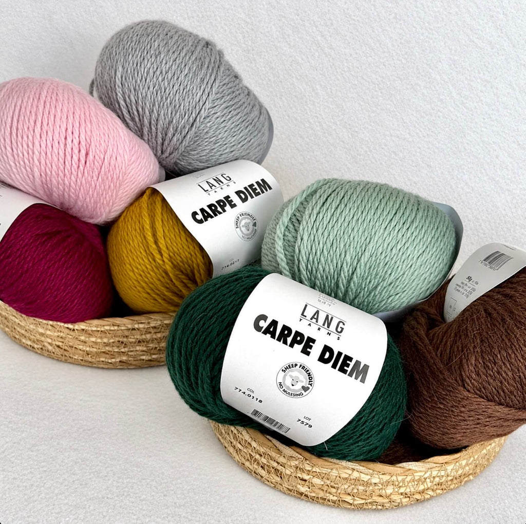 Six skeins of yarn in assorted colors arranged in two woven straw baskets on a light textured background. The labels read LANG and CARPE DIEM.